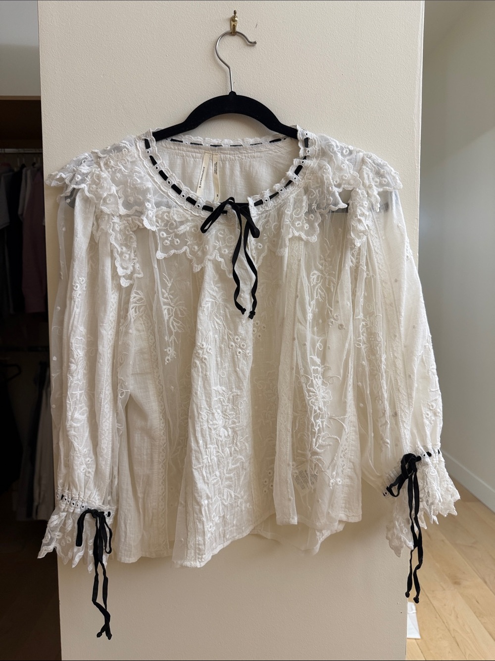 Anthropologie Ivory Lace Peasant Blouse with Black Ribbon Trim